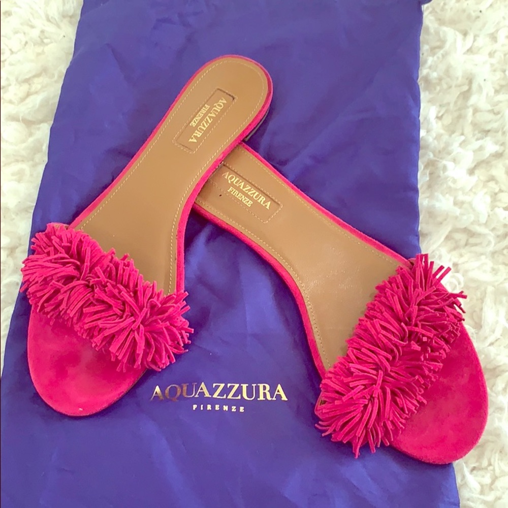 Aquazzura Pink Fringe Slide Sandals